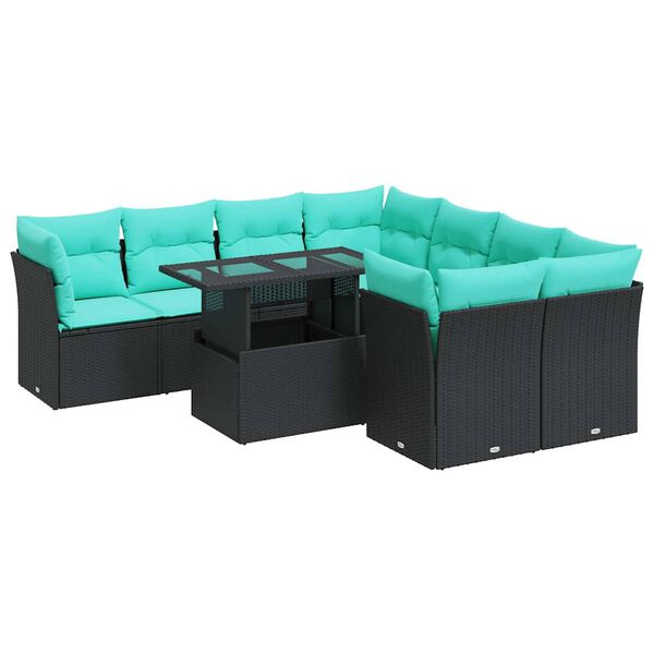 vidaXL 9 stykki gar&eth;s&oacute;fasett me&eth; p&uacute;&eth;um Black Poly Rattan Acacia