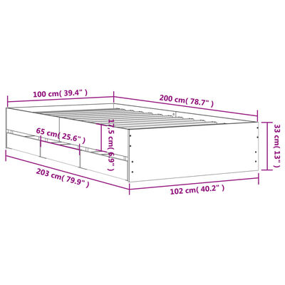 vidaXL Rúmgrind með Skúffum án Dýnu Steypugrátt 100x200 cm