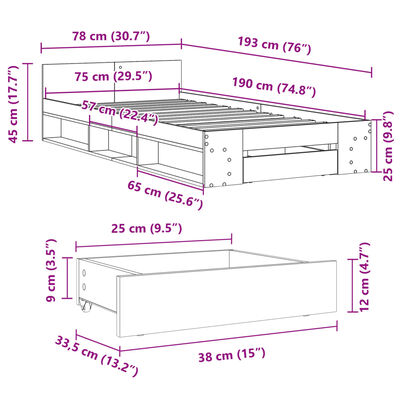 vidaXL Rúmgrind með Skúffu Steypugrár 75x190 cm Samsettur Viður