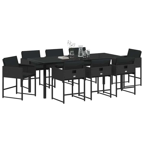 vidaXL Gar&eth;ur bor&eth;sett me&eth; p&uacute;&eth;i 9 pcs Svartur p&oacute;l&yacute;rattan