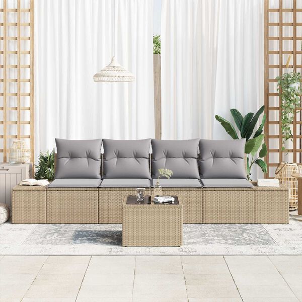 vidaXL S&oacute;fasett me&eth; p&uacute;&eth;i me&eth; kodda 5 pcs Beige og lj&oacute;sgr&aacute;r p&oacute;l&yacute;rattan