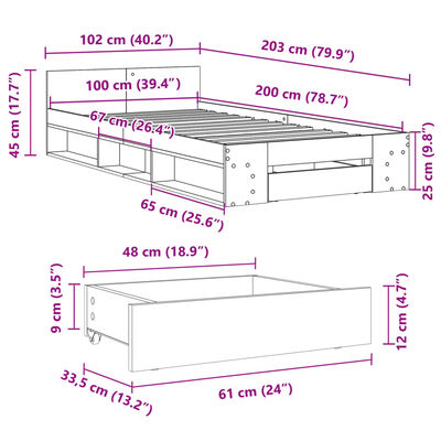 vidaXL Rúmgrind með Skúffu Grár Sonoma 100x200 cm Samsettur Viður