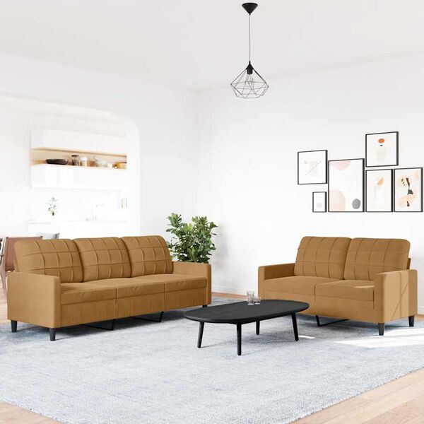 vidaXL 2 Parta Sófasett með Sessum Brúnu Flauel