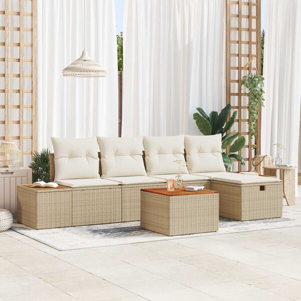 vidaXL Gar&eth;s&oacute;fa sett me&eth; kodda 6 pcs Drapplita&eth;ur Poly rattan