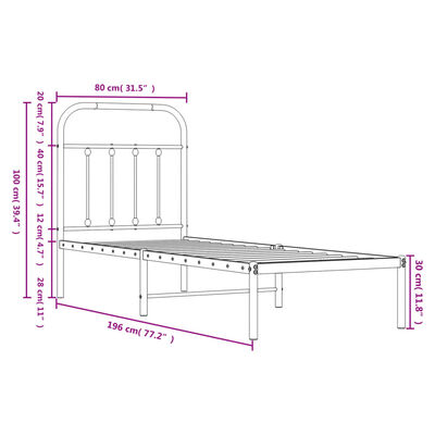 vidaXL Rúmgrind úr Málmi án Dýnu með Höfðagafli Svört 75x190 cm