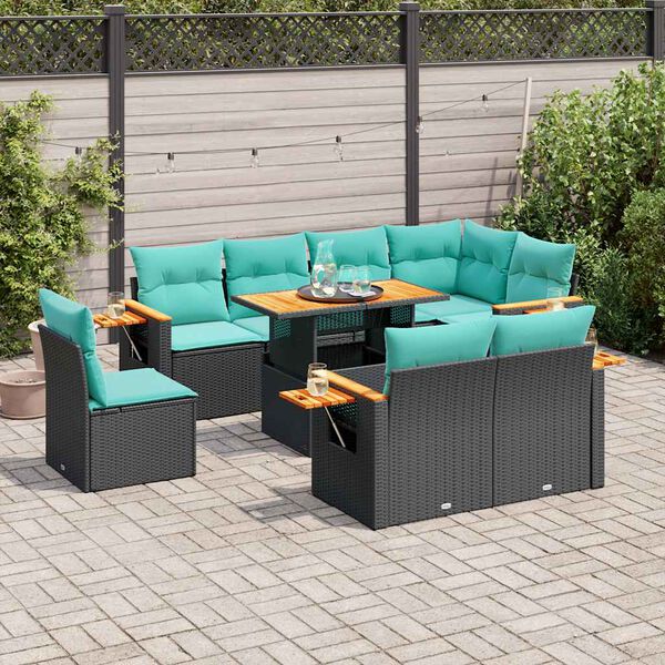 vidaXL 9 stykki gar&eth;s&oacute;fasett me&eth; p&uacute;&eth;um Black Poly Rattan Acacia