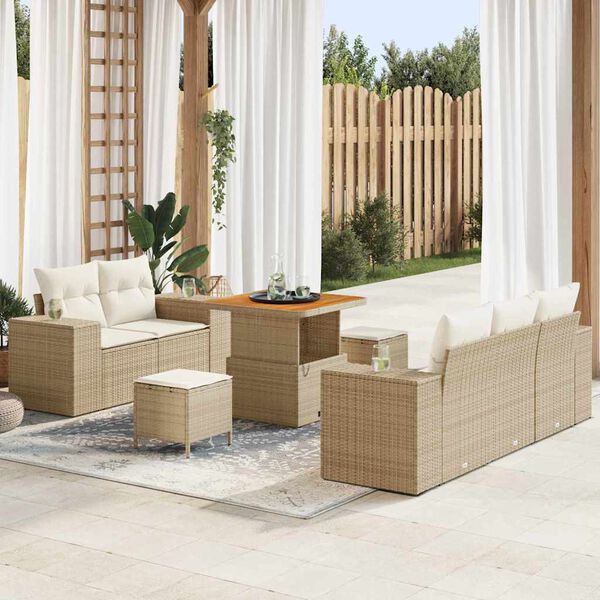 vidaXL Gar&eth;s&oacute;fa sett me&eth; p&uacute;&eth;i 8 pcs Beige og krem Poly Rattan