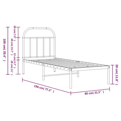 vidaXL Rúmgrind úr Málmi án Dýnu með Höfðagafli Svört 75x190 cm