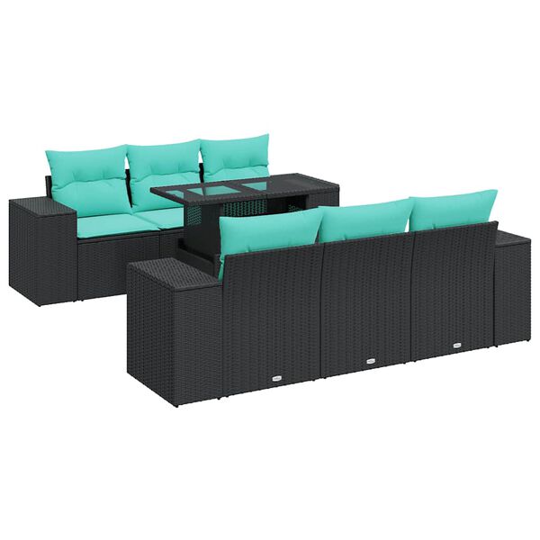 vidaXL 7 stykki gar&eth;s&oacute;fasett me&eth; p&uacute;&eth;um Black Poly Rattan Acacia