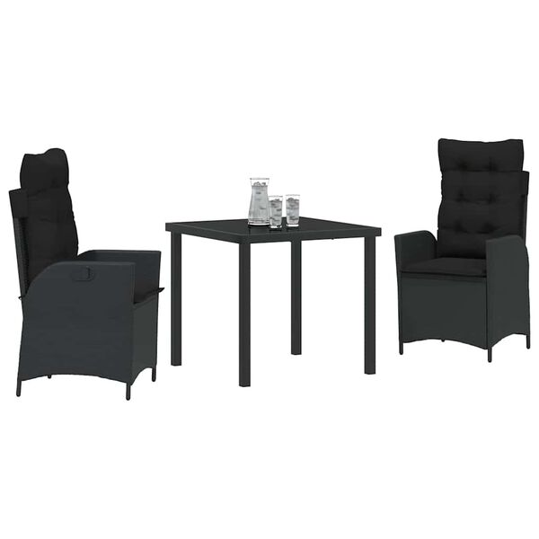 vidaXL Gar&eth;ur bor&eth;sett me&eth; p&uacute;&eth;i 3 pcs Svartur p&oacute;l&yacute;rattan