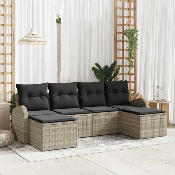 vidaXL Gar&eth;s&oacute;fa sett me&eth; p&uacute;&eth;i 6 pcs Lj&oacute;sgr&aacute;r Poly Rattan