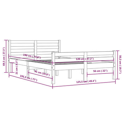 vidaXL Rúmgrind Grá Gegnheill Viður 120x190 cm Lítil Tvíbreið