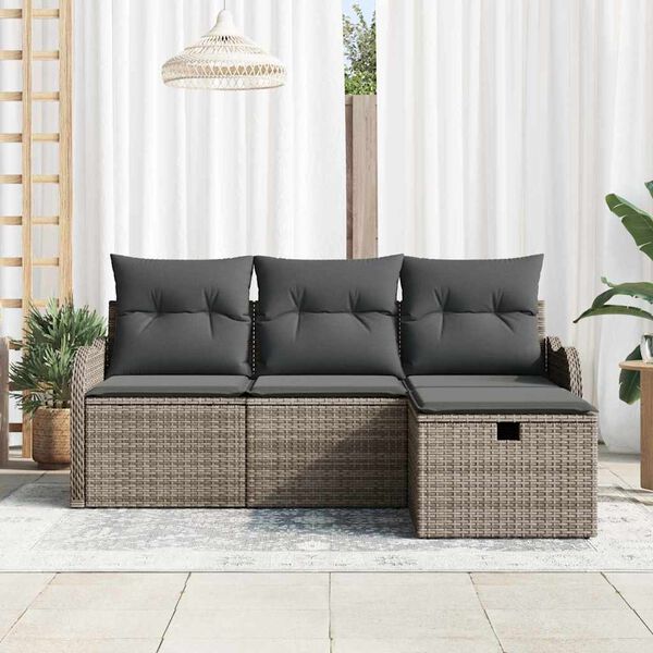 vidaXL Gar&eth;s&oacute;fa sett me&eth; p&uacute;&eth;i me&eth; geymslu 4 pcs Gr&aacute;r Poly rattan