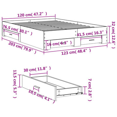 vidaXL Rúmgrind með Skúffum án Dýnu Gráir Sonoma Eik 120x200 cm