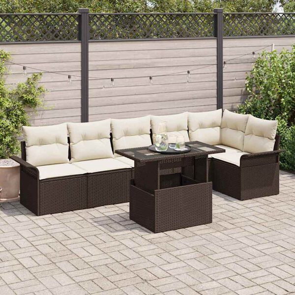 vidaXL Gar&eth;s&oacute;fa sett me&eth; p&uacute;&eth;i 7 pcs Br&uacute;nn Poly rattan
