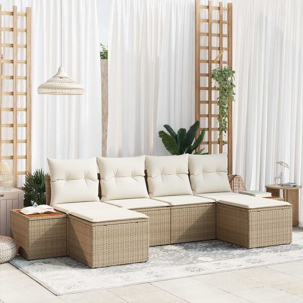 vidaXL Gar&eth;s&oacute;fa sett me&eth; p&uacute;&eth;i 6 pcs Beige og krem Poly Rattan