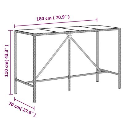 vidaXL Barborð með glerplötu Brúnt 180x70x110 cm Pólýrattan