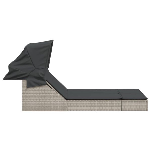 vidaXL Tv&ouml;faldur S&oacute;lbekkur me&eth; Skyggni og Sessum Lj&oacute;sgr&aacute; P&oacute;l&yacute;rattan