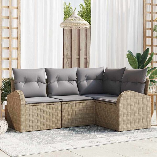 vidaXL Gar&eth;s&oacute;fa sett me&eth; p&uacute;&eth;i 4 pcs Beige og lj&oacute;sgr&aacute;r p&oacute;l&yacute;rattan