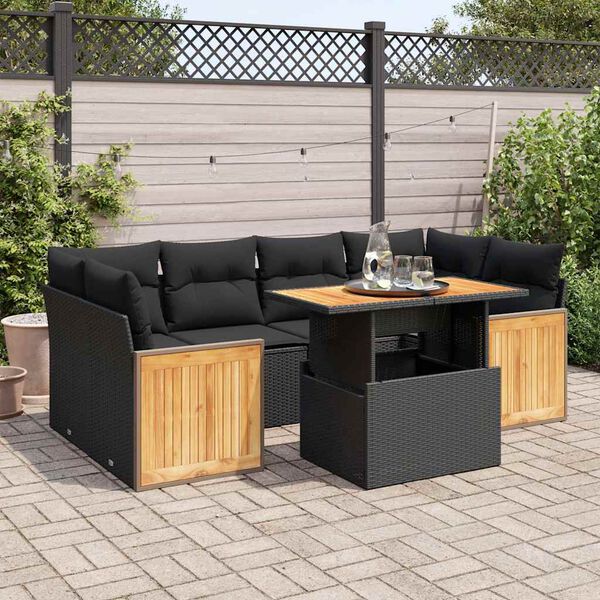 vidaXL 7 stykki gar&eth;s&oacute;fasett me&eth; p&uacute;&eth;um Black Poly Rattan Acacia