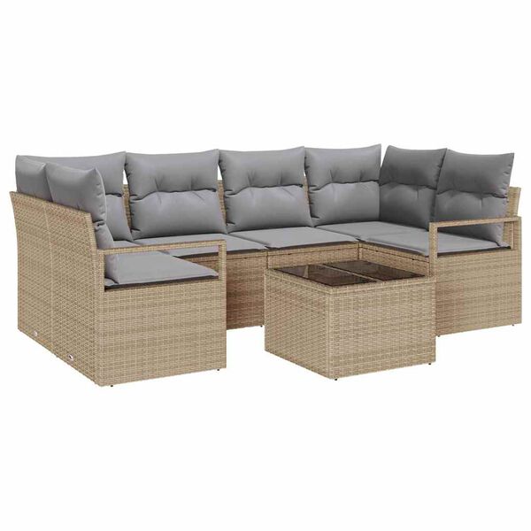 vidaXL Garðsófa sett 7 pcs Beige og Grátt Pólýrattan, Stál og Gler