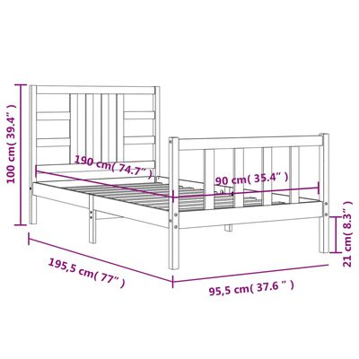 vidaXL Rúmgrind með Höfuðgafli Hvítur 90x190 cm Gegnheill Viður