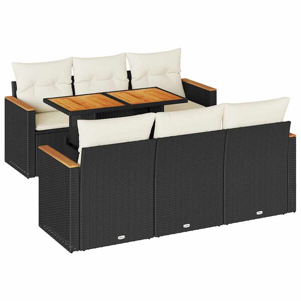 vidaXL 7 stykki garðsófasett með púðum Black Poly Rattan Acacia