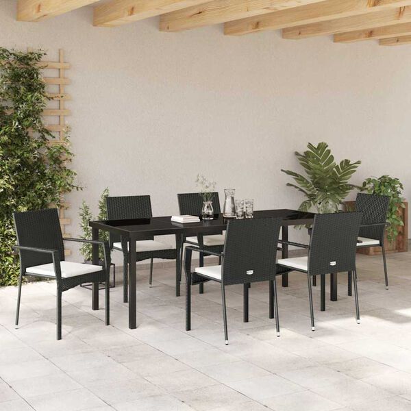 vidaXL Gar&eth;ur bor&eth;sett me&eth; p&uacute;&eth;i 7 pcs Svartur p&oacute;l&yacute;rattan