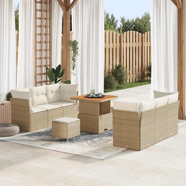 vidaXL Gar&eth;s&oacute;fa sett me&eth; p&uacute;&eth;i 9 pcs Beige og krem p&oacute;l&yacute;rattan