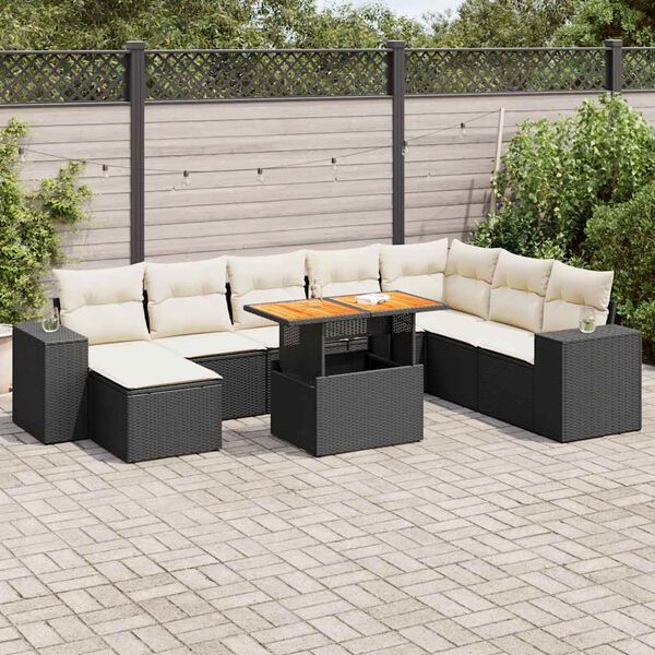 vidaXL 9 stykki gar&eth;s&oacute;fasett me&eth; p&uacute;&eth;um Black Poly Rattan Acacia
