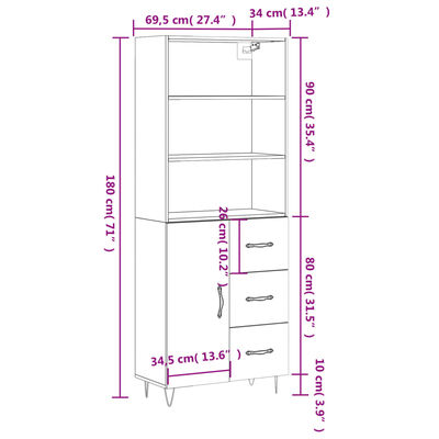 vidaXL Hár Skápur Brún Eik 69,5x34x180 cm Samsettur Viður