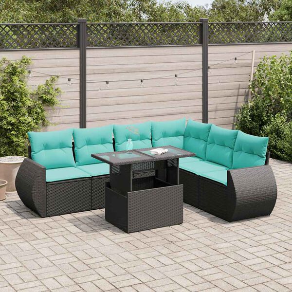 vidaXL 7 stykki gar&eth;s&oacute;fasett me&eth; p&uacute;&eth;um Black Poly Rattan Acacia