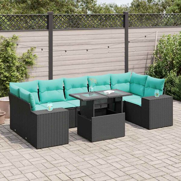 vidaXL 8 stykki gar&eth;s&oacute;fasett me&eth; p&uacute;&eth;um Black Poly Rattan Acacia