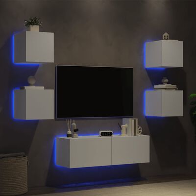 vidaXL 5 Parta Veggfestir Sjónvarpsskápar með LED-ljósum Hvítir