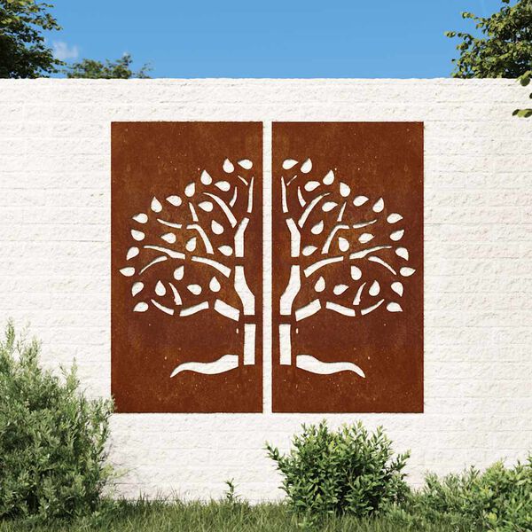 vidaXL Gar&eth;veggskreytingar 2 stk. 105x55 cm Corten St&aacute;l Trj&aacute;mynstur