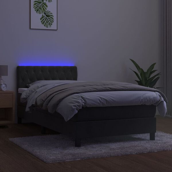 vidaXL H&oacute;lfa&eth; Springr&uacute;m me&eth; D&yacute;nu&LED D&ouml;kkgr&aacute;tt 100x200 cm Flauel