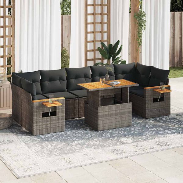 vidaXL 8 stykki gar&eth;s&oacute;fasett me&eth; p&uacute;&eth;um Grey Poly Rattan Acacia
