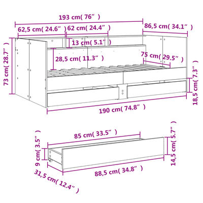 vidaXL Svefnbekkur með Skúffum án Dýnu Steypugrátt 75x190 cm