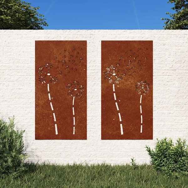 vidaXL Gar&eth;veggskreytingar 2 stk. 105x55cm Corten St&aacute;l Bl&oacute;mah&ouml;nnun