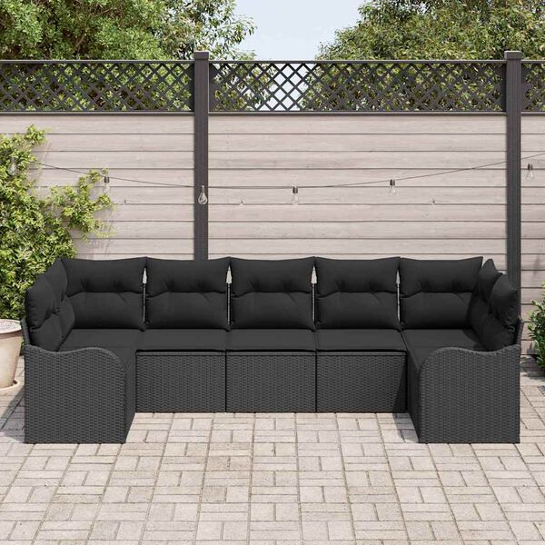 vidaXL Garðsófa sett með púði 7 pcs Svartur Poly rattan
