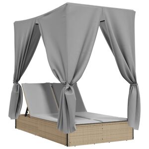 vidaXL Tv&ouml;faldur S&oacute;lbekkur me&eth; Skyggni og Tj&ouml;ldum Drappa&eth; P&oacute;l&yacute;rattan