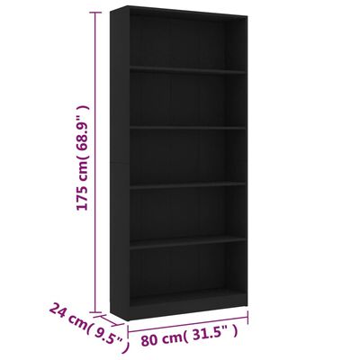 800919 vidaXL 5-Tier Book Cabinet Black 80x24x175 cm Chipboard