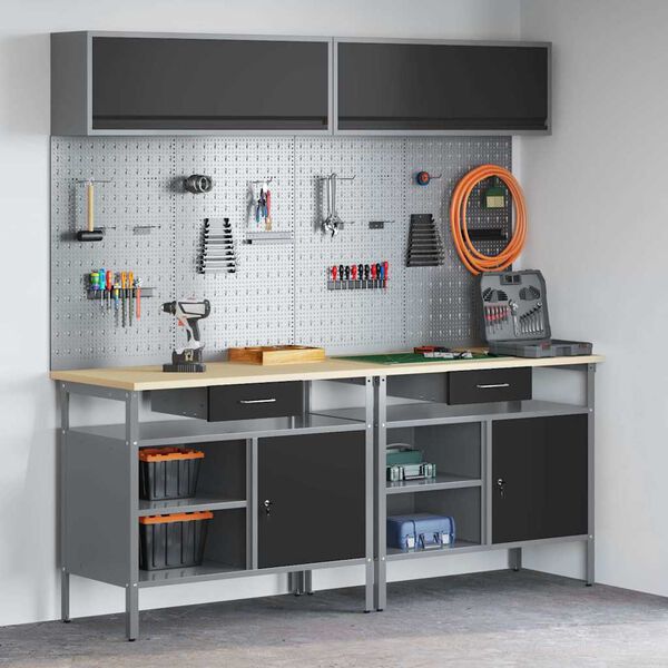 vidaXL Vinnubekkur sett með hillu 8 pcs Svartur 200 x 55 x 200 cm Stál