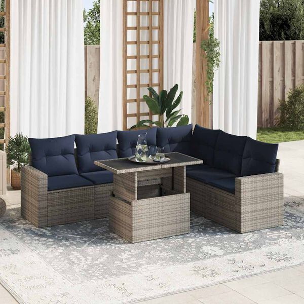 vidaXL 7 stykki gar&eth;s&oacute;fasett me&eth; p&uacute;&eth;um Black Poly Rattan Acacia