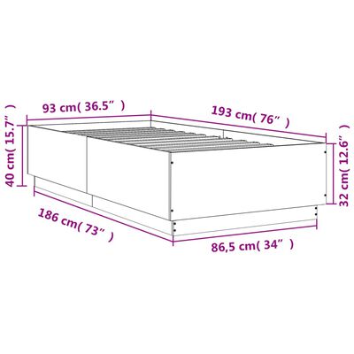 vidaXL Rúmgrind með LED án Dýnu Reyktóna Eikarlitur 90x190 cm