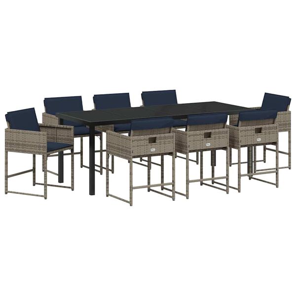 vidaXL Gar&eth;ur bor&eth;sett me&eth; p&uacute;&eth;i 9 pcs Gr&aacute;r p&oacute;l&yacute;rattan