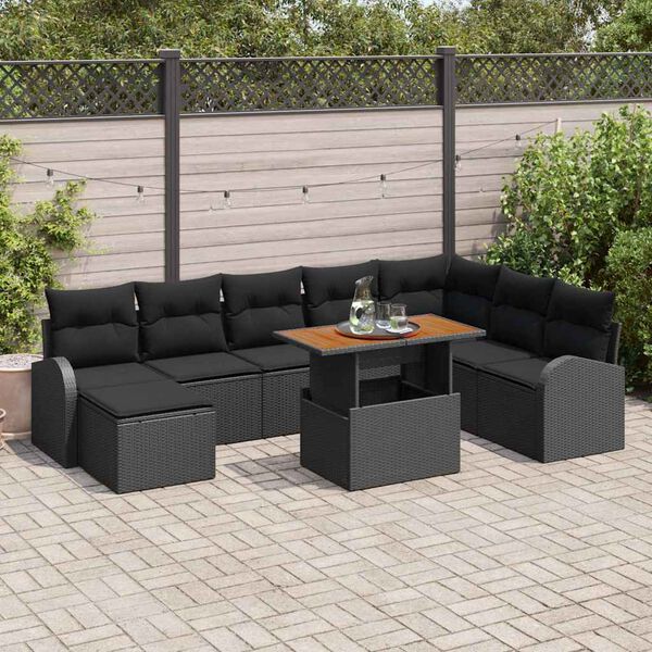 vidaXL Gar&eth;s&oacute;fa sett me&eth; geymslu 9 pcs Svartur Poly rattan