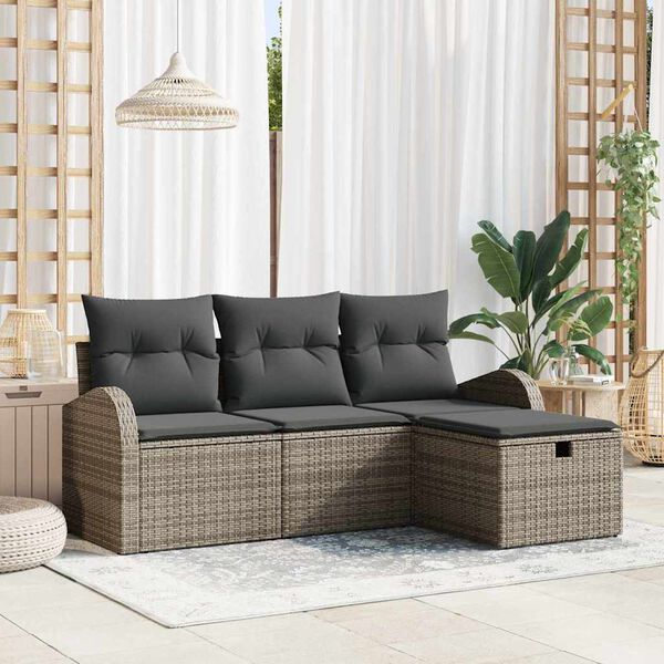 vidaXL Gar&eth;s&oacute;fa sett me&eth; p&uacute;&eth;i me&eth; geymslu 4 pcs Gr&aacute;r Poly rattan