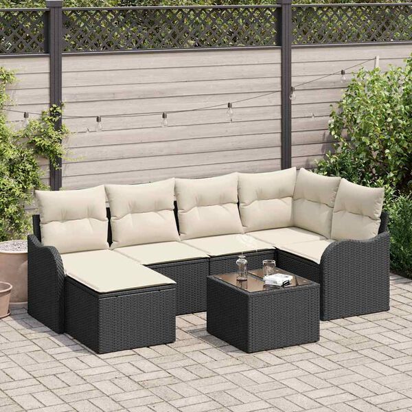 vidaXL Garðsófa sett með púði 7 pcs Svartur Poly rattan