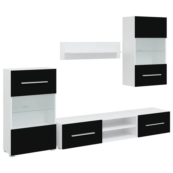 vidaXL Veggfest Sjónvarpseining með LED-ljósum Fimm Parta Svört